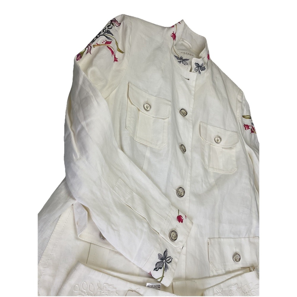 ESCADA 2PC Linen Set Long Safari Jacket + Pants Ivory White Embroidered EU 42 -L - Picture 13 of 16